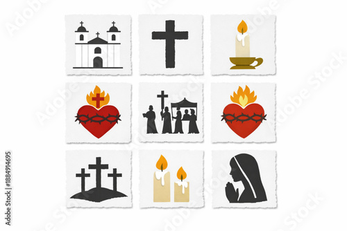 Salvadoran religious culture icons in torn vector texture style