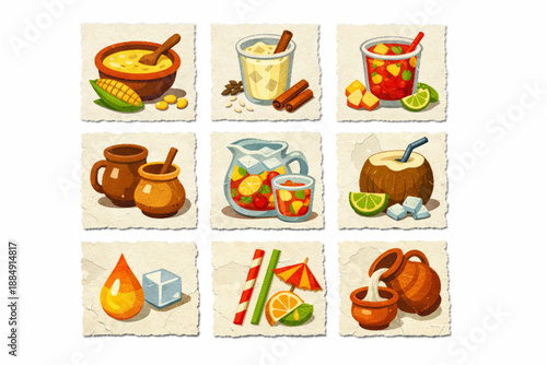 Salvadoran traditional drinks icons in torn vector texture style