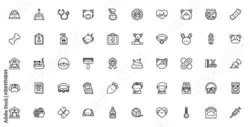 Veterinary icon set. Pet care vector icons. Includes stethoscope, syringe, pet food, collar, bone, paw, vaccine and more. Editable stroke.