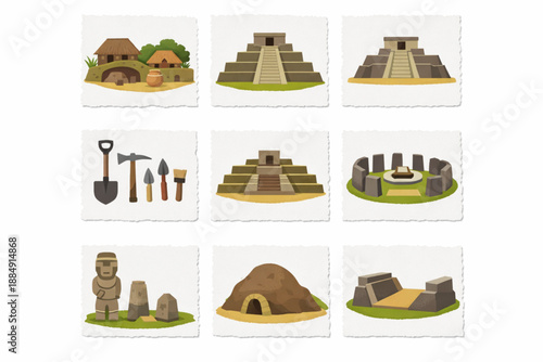 El Salvador archaeological site icons in torn vector texture style