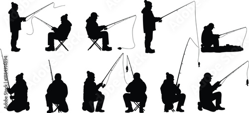 Fishing Silhouettes Vector Set, Diverse Poses of Fishermen with Rods and Reels, Standing, Sitting, and Kneeling While Sport or Recreational Angling, Outdoors Hobby
