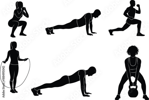 Fitness workout silhouette collection, men and women exercising, squats, push ups, lunges, plank, jump rope, kettlebell, strength training, gym vector illustration