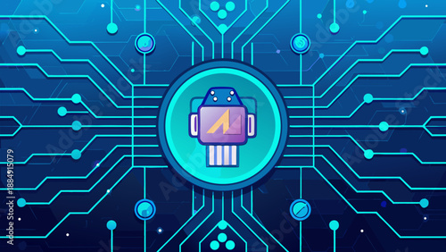 This digital illustration of a printed circuit board features a modern motherboard design with a network of electronic lines and processor chips representing high-tech hardware engineering