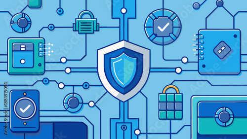 A digital technology illustration featuring a blue electronic circuit board pattern with networked communication icons and computer data connection symbols designed for a modern web security business 