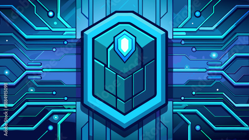 An abstract digital technology background featuring a blue circuit board pattern with integrated computer chips and electronic hardware lines designed as a high-tech motherboard engineering concept