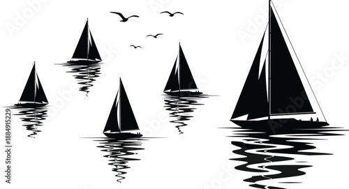 Five sailing yachts black silhouettes on the water with reflections and flying birds, detailed vector illustration for nautical themes, ocean adventure, and travel background.