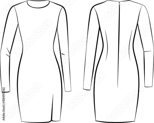 Fitted long sleeve dress flat sketch, front and back view, technical fashion illustration, vector template, CAD drawing for designers