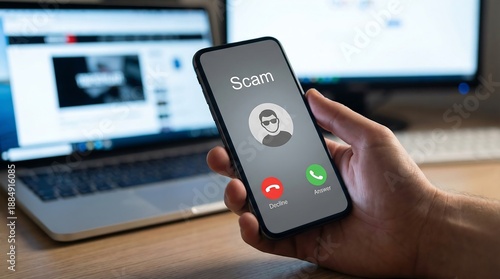 Person holding smartphone displaying scam call alert with accept and decline options on desk with laptop