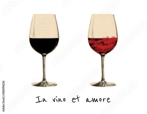 red wine glass collage element. Halftone popart newspaper cutout sticker. Mix media design .