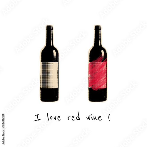 red wine bottle halftone collage element. Pop art newspaper cutout sticker.