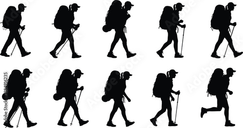 Silhouette sequence of hiker walking with backpack and trekking poles, outdoor adventure motion study for hiking, fitness, and animation design