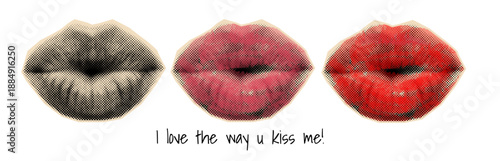 mouth kiss halftone collage element. Set of newspaper cutout sticker. Mixed art design vector.