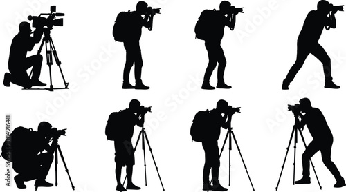 Silhouette collection of photographers using cameras and tripods in diverse poses, outdoor field photography motion study for creative design illustration