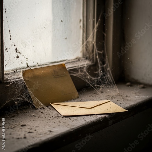 Abandoned letter with dust and cobwebs on windowsill creating mysterious atmosphere and forgotten message storytelling concept.