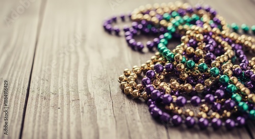 Colorful beads necklace on wooden table with vibrant decorative jewelry arrangement for Mardi Gras fashion craft and lifestyle concept.