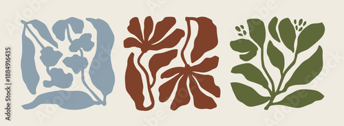 Modern organic botanical artwork with stylized leaves and floral shapes for branding and identity design