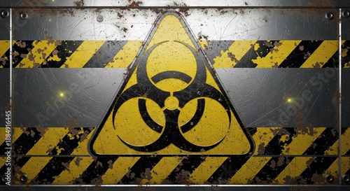 Biohazard warning industrial sign with yellow hazard symbol on metal surface for safety alert and contamination concept.
