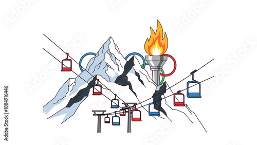 Olympic Torch and Ski Lifts on Snowy Mountains.