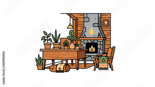 Cozy cabin interior with fireplace and plants.