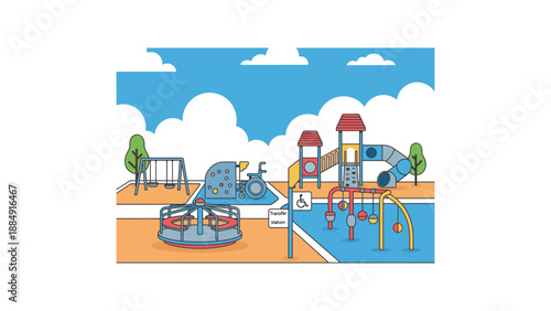 Colorful cartoon playground with climbing frames and slides.