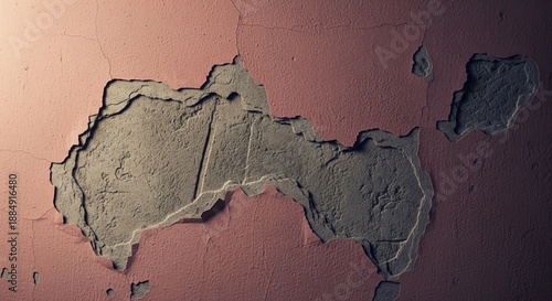 Cracked wall peeling paint texture with rough concrete surface and weathered plaster for grunge background and renovation concept.