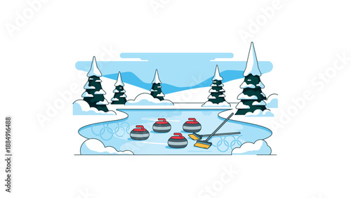 Winter landscape with frozen lake and ice skaters.