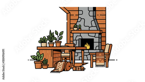 Cozy living room with fireplace and potted plants.