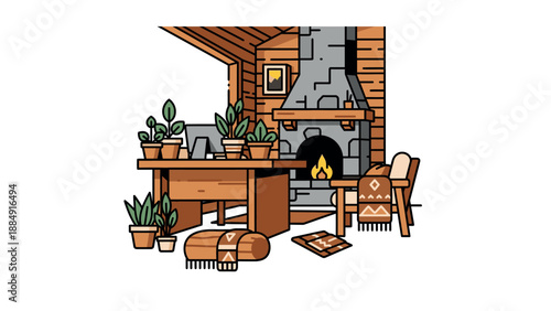 Cozy cabin interior with fireplace and potted plants.