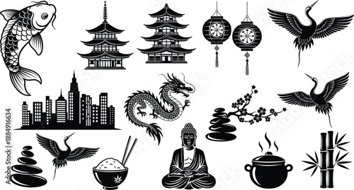 Traditional Asian Culture Silhouette Set Featuring Buddha, Dragon, Koi Fish, Pagoda, Crane Birds, Zen Stones, and Skyline for Oriental Design Projects.