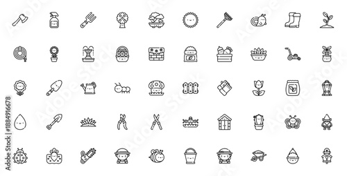 Gardening icon set. Vector illustration pack with tools, plants and elements like shovel, watering can, sunflower, gardener, gloves, tree and more.