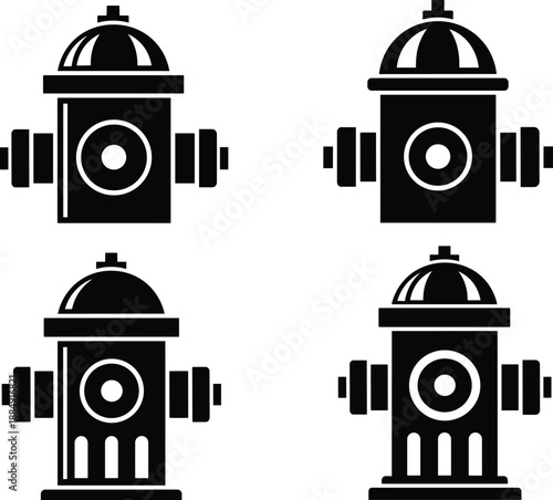 Fire hydrant icon set vector illustration, black silhouette of firefighting equipment, emergency water supply, flat design symbol collection for city safety sign, isolated on white