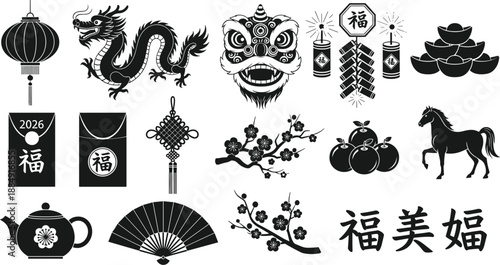 Traditional Chinese New Year vector icons featuring dragon, lion dance, firecrackers, lantern, ingot, knot, blossom, horse, fan, and calligraphy text.