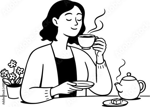 Serene woman savoring a comforting hot beverage, finding tranquility in a peaceful moment