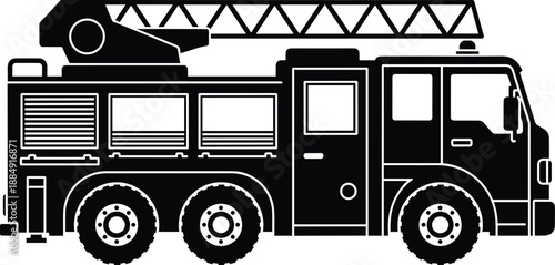 Fire truck ladder vehicle silhouette, emergency rescue firefighting equipment, black vector illustration for safety services, emergency response, fire department transportation design