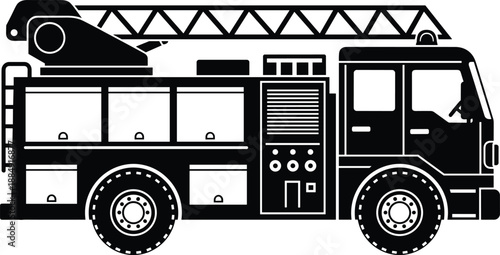 Fire truck ladder vehicle silhouette vector illustration, emergency rescue fire engine with equipment details, black and white firefighting transport icon for safety design