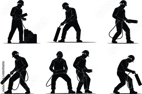Firefighter silhouette vector, fire extinguisher usage, safety gear illustration, emergency response poses, fire safety training, protective equipment action scenes