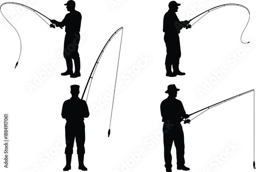 Silhouette collection of fishermen holding rods in diverse stances, outdoor angling poses showing fishing techniques, motion stud