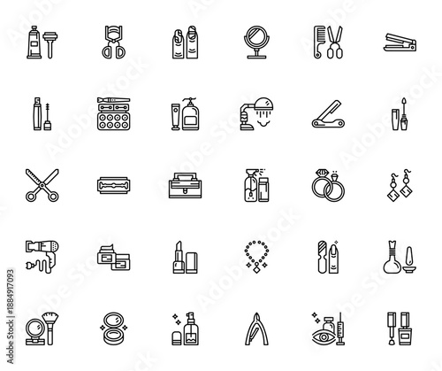 Beauty icon set. Minimal vector icons pack. Includes symbols for makeup, cosmetics, skincare, haircare, accessories and more. Editable stroke.