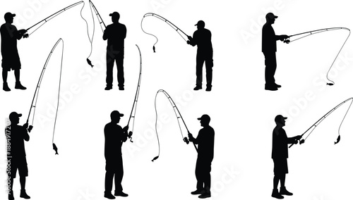 Silhouette collection of fishermen holding rods in various stances, outdoor angling poses showing casting, reeling, and fishing technique illustration design
