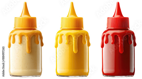 Three condiment bottles with drips on transparent background