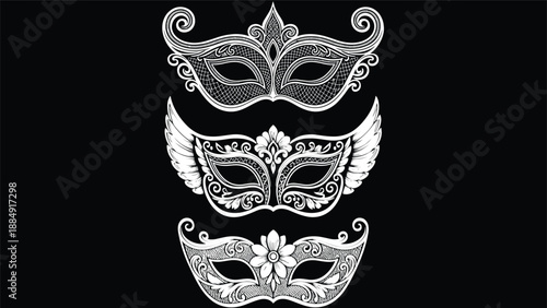 White masquerade mask silhouettes collection with ornate lace and floral patterns isolated on black background for carnival party vector design.