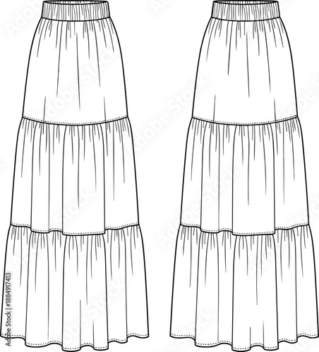 Women Tiered Maxi Skirt Fashion Flat Sketch with Elastic Waistband Front and Back View Technical Drawing Vector Template for Apparel Design