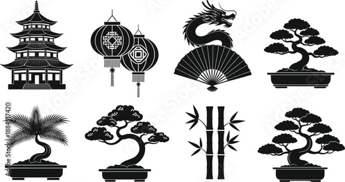 Zen Inspired Asian Silhouette Set Featuring Bonsai Trees, Pagoda Temple, Chinese Dragon, Traditional Folding Fan, Paper Lanterns, and Bamboo Stalks.