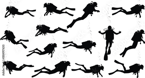 Silhouette collection of fishermen holding rods in different stances, outdoor angling poses showing casting, reeling, and fishing technique illustration design