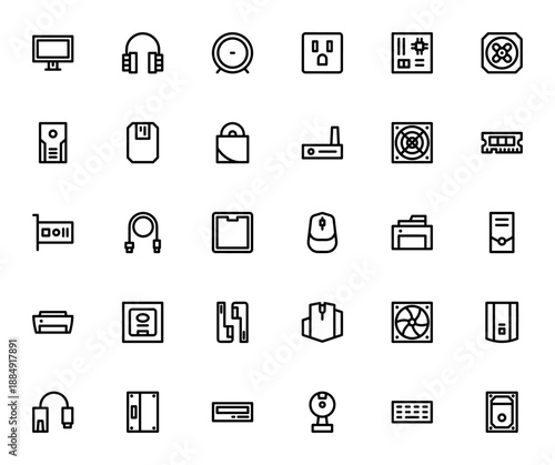 Computer parts icon set. Minimal vector icons pack. Includes monitor, headphones, speaker, motherboard, CPU, keyboard, mouse, printer, webcam and more. Editable stroke.