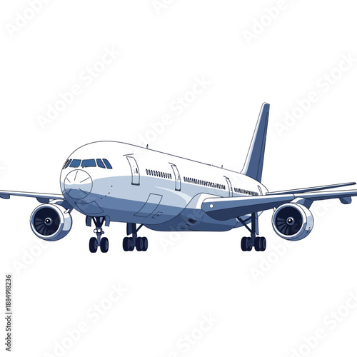 Modern passenger jet airplane with landing gear deployed, front view