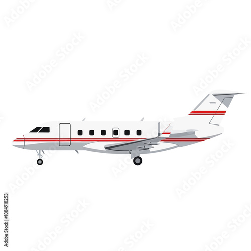 Modern private jet with red stripes on a white background