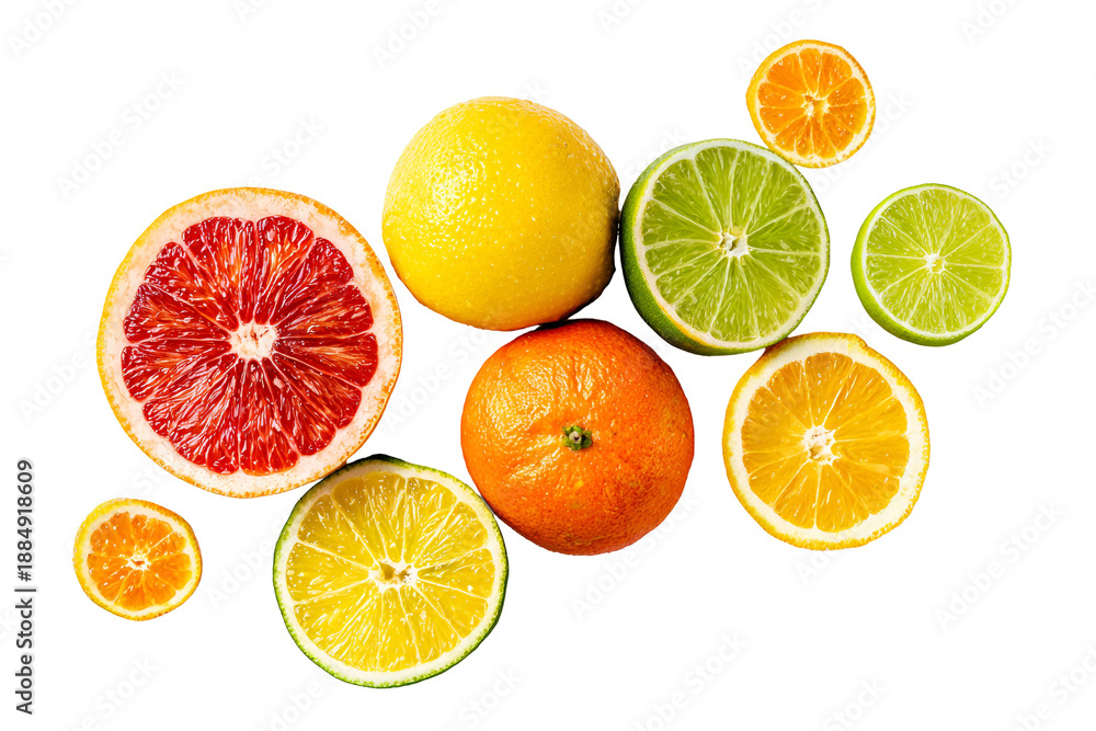 Fototapeta premium Assorted citrus fruits including oranges, lemons, and limes isolated on transparent background