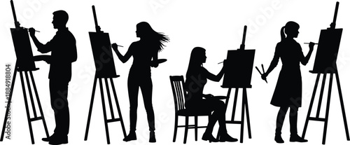 Silhouette group of artists painting on canvases at easels, diverse standing and seated postures showing creative studio process illustration design