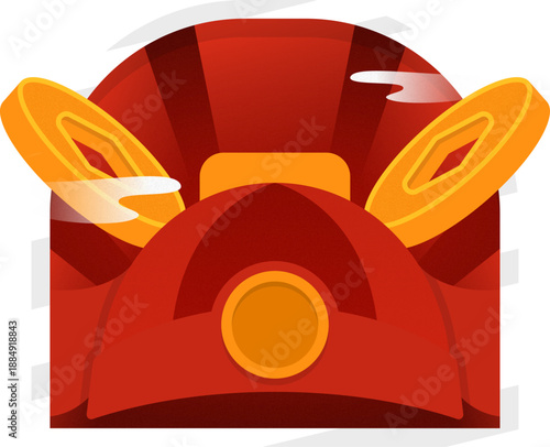 Flat design representation of a traditional Chinese emperor's conical hat, adorned with golden rings and emblems, symbolizing power, royalty, and ancient imperial regalia in a vibrant graphi